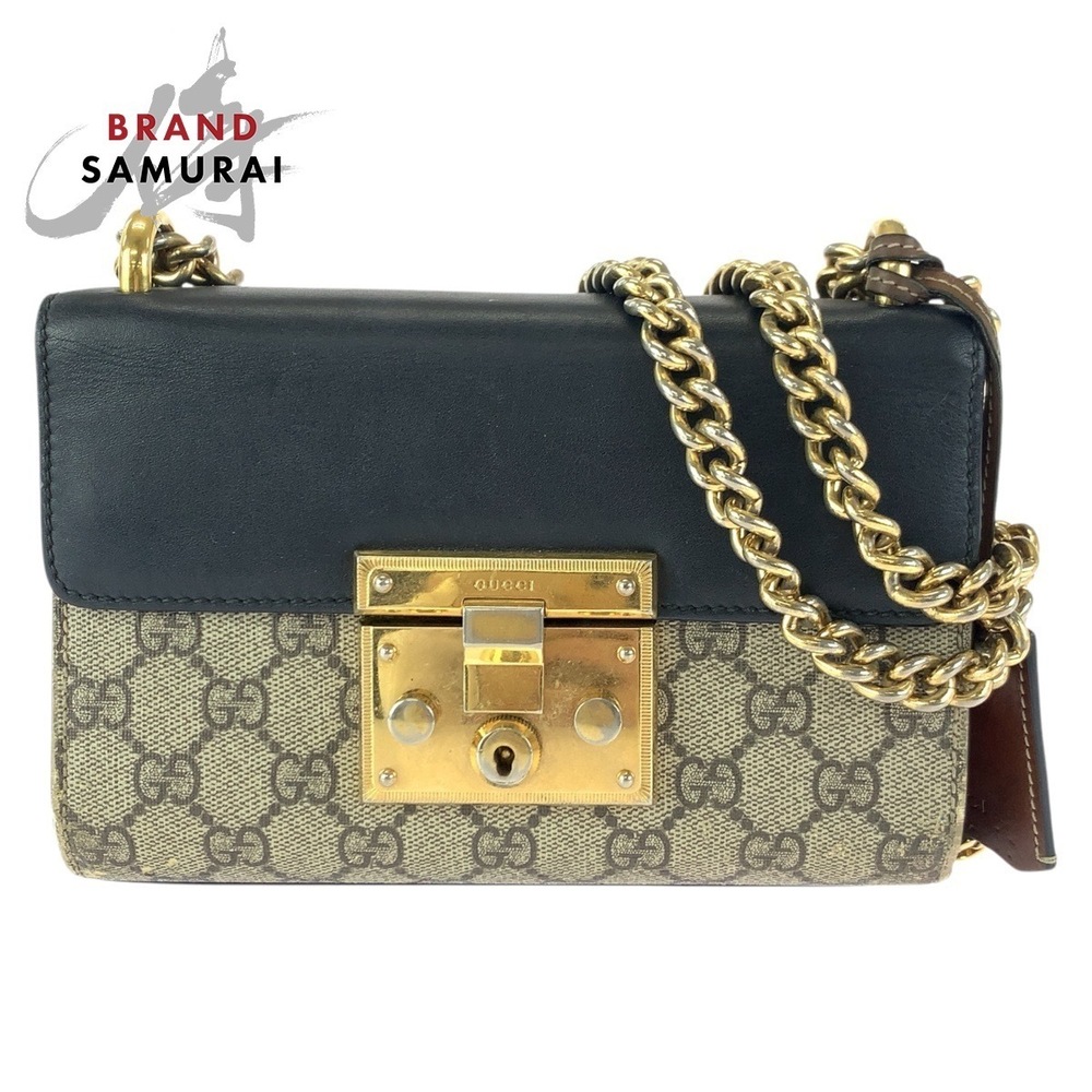 GUCCI Padlock Bag Beige Black GG Supreme Canvas Leather Chain Shoulder